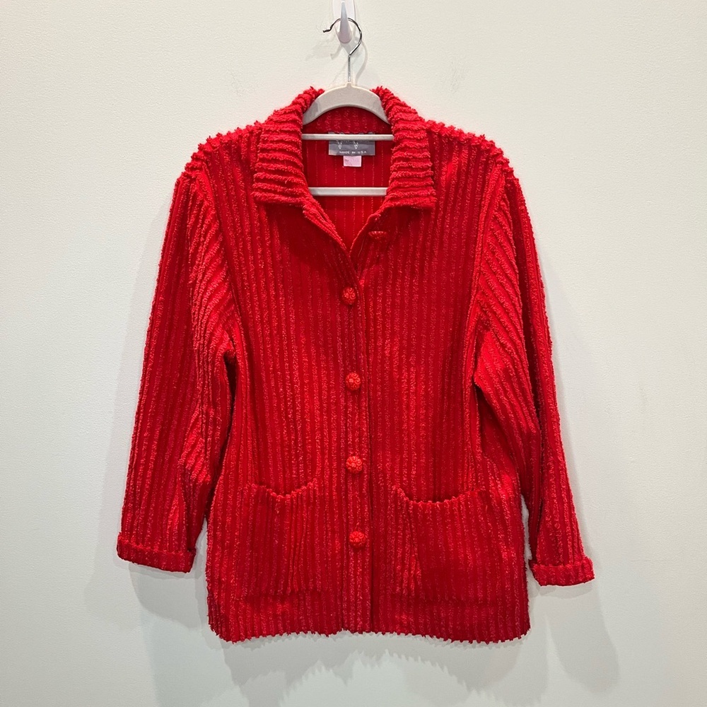 Vintage Red Ribbed Button‎ Up Jacket Women Sz Large 100% Cotton 80’s 90’s Unique
